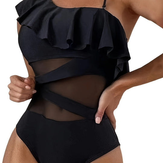 Damen Einteiler Badeanzug mit asymmetrischem Rüschendesign und eleganten Cut-Out-Details EB