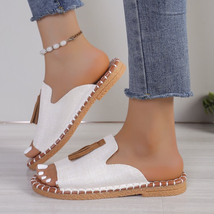 Damen Offene Pantoletten mit Quaste im Espadrille‑Stil EB