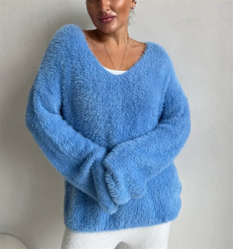 Damen Oversize-Flauschpullover mit V-Ausschnitt und Teddy-Optik EB