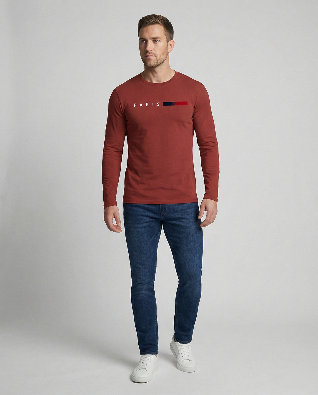 Herren Langarm T-Shirt mit modernem Paris-Druck und elastischem Saum EB