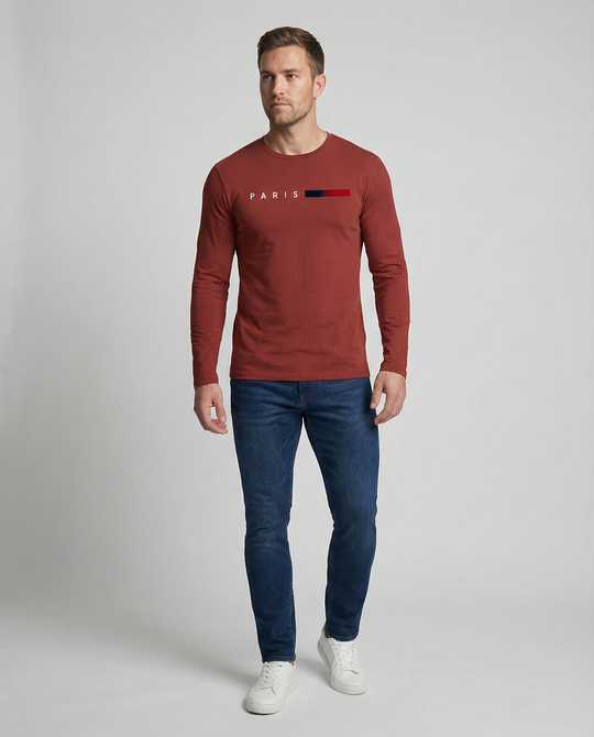 Herren Langarm T-Shirt mit modernem Paris-Druck und elastischem Saum EB