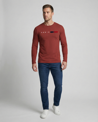 Herren Langarm T-Shirt mit modernem Paris-Druck und elastischem Saum EB