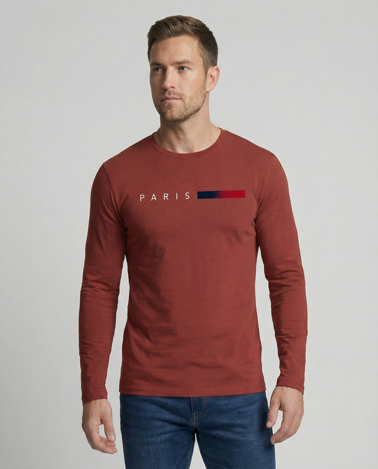 Herren Langarm T-Shirt mit modernem Paris-Druck und elastischem Saum EB