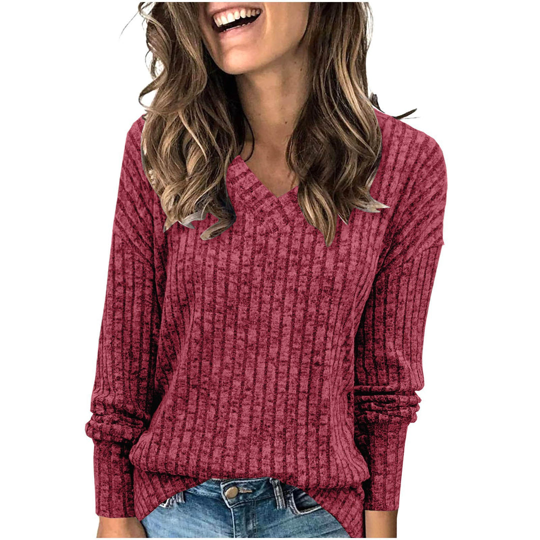 Damen V-Ausschnitt Pullover mit Rippstruktur EB