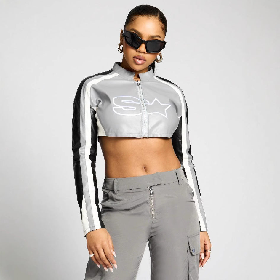 Damen cropped Sportjacke mit stylischem Reißverschluss und kontrastierenden Streifen EB
