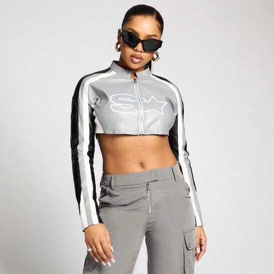 Damen cropped Sportjacke mit stylischem Reißverschluss und kontrastierenden Streifen EB