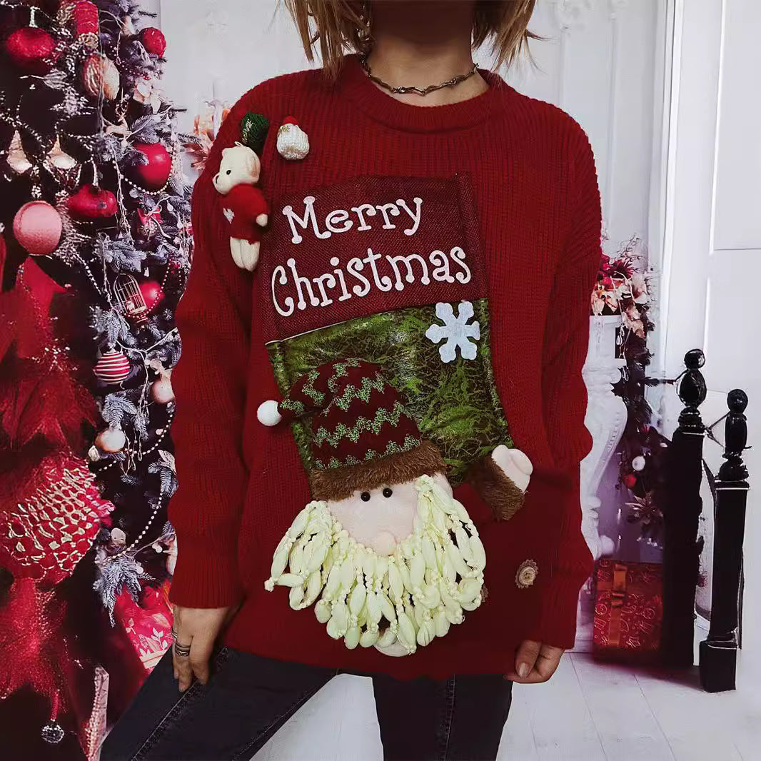 Damen Weihnachts-Pullover mit festlichem Design und 3D-Applikationen EB