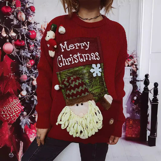 Damen Weihnachts-Pullover mit festlichem Design und 3D-Applikationen EB