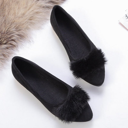 Damen elegante Ballerinas mit samtiger Oberfläche und dekorativem Pelzbesatz EB