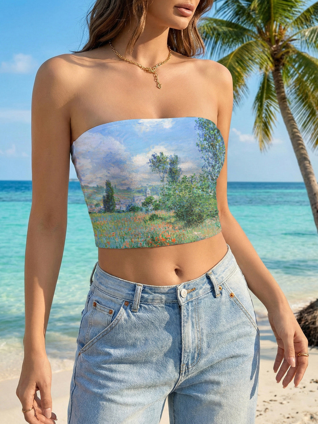 Damen Bandeau-Top mit kreativem Marmor-Design EB