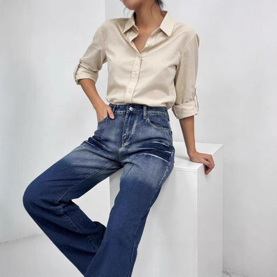 Damen weite hochgeschnittene Jeans mit besonderem Waschungseffekt EB