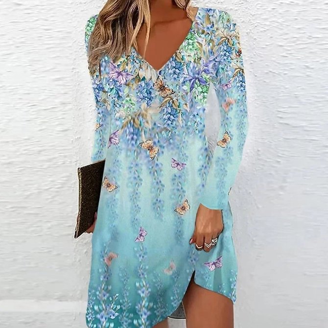 Damen V-Ausschnitt Kleid mit floralen Akzenten und langen Ärmeln EB
