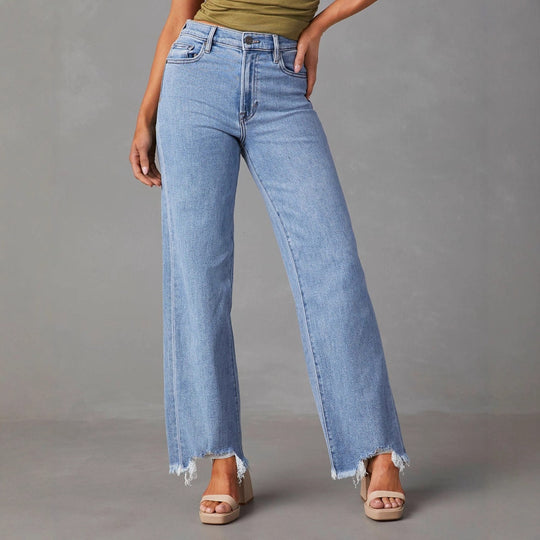 Damen Weite Jeans mit fransigem Saum EB