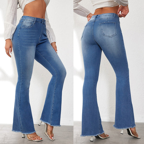 Damen Flared Jeans mit stylishen Fransen und hohem Bund EB