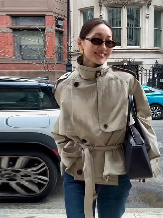 Damen Modische Kurzjacke mit hohem Kragen und Taillengürtel EB