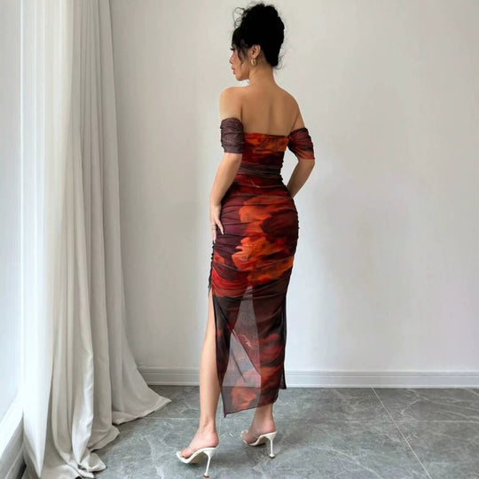 Damen elegantes Off-Shoulder Kleid mit raffinierten Rüschen EB