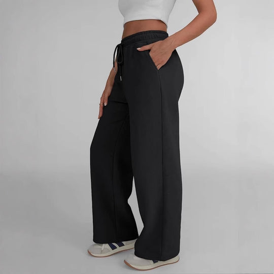 Damen nan weite Loungehose mit hohem Elastikbund, verstellbarem Kordelzug und fließender Palazzosilhouette EB