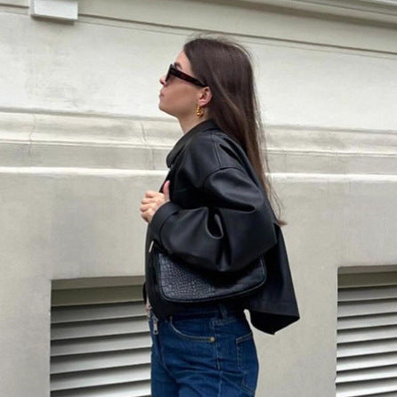 Damen Modische Cropped Kunstlederjacke mit Reißverschluss und Taschen EB