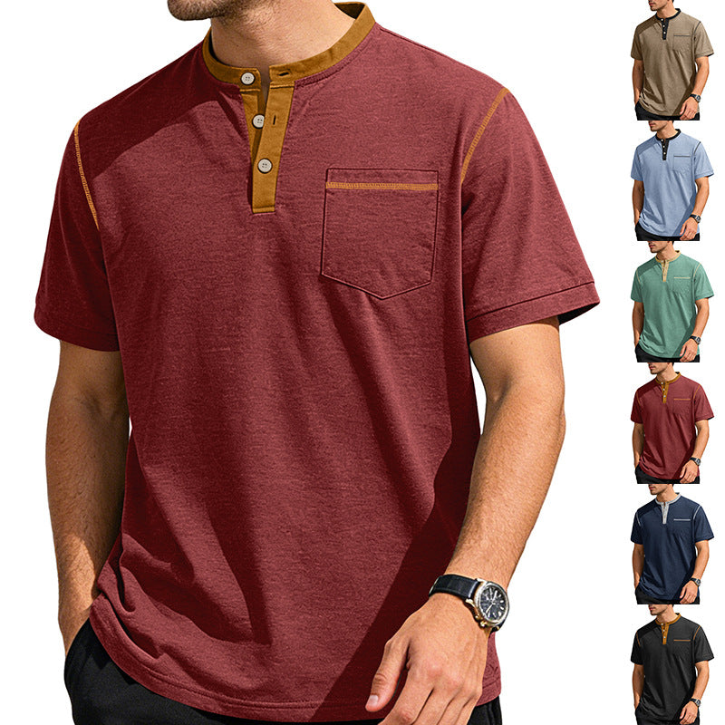 Herren nan legeres Kurzarm-Bandkragenshirt mit Knopfleiste Brusttasche und Flatlocknähten EB