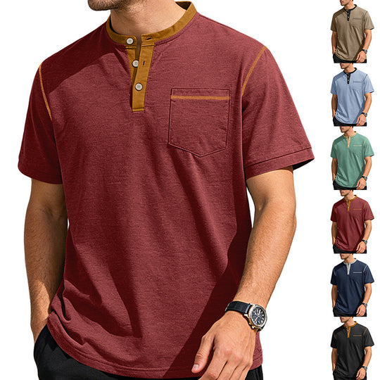 Herren nan legeres Kurzarm-Bandkragenshirt mit Knopfleiste Brusttasche und Flatlocknähten EB