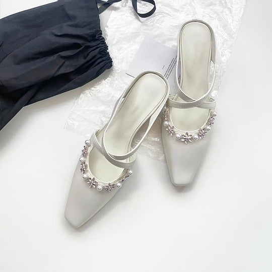 Damen Sling-Heels mit elegantem Perlen- und Blumen-Design EB