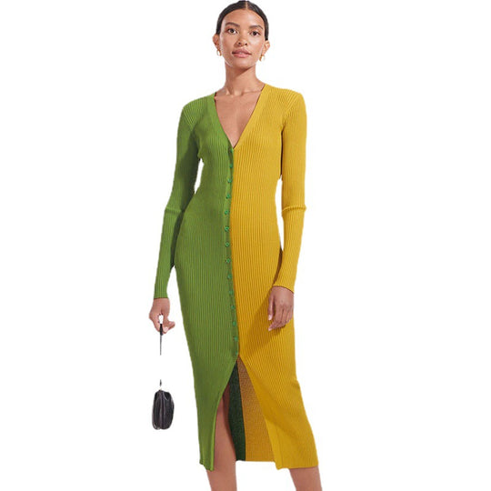 Damen Knopf-Design Maxikleid mit tiefem V-Ausschnitt und Rippstruktur EB