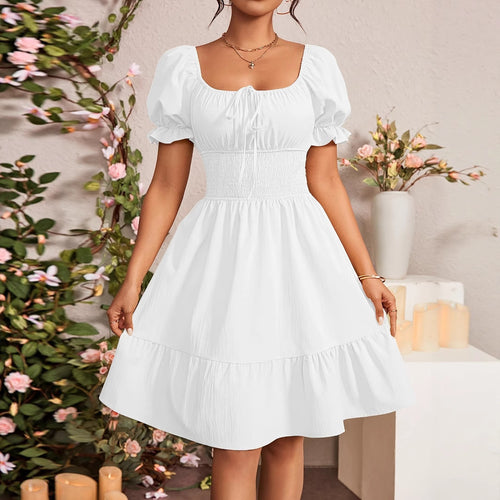 Damen Puffärmel Kleid mit elastischem Tailleneinsatz und Rüschensaum EB