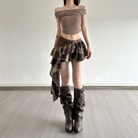 Damen Verspielter Karorock mit asymmetrischem Schnitt und verstellbarem Bund EB