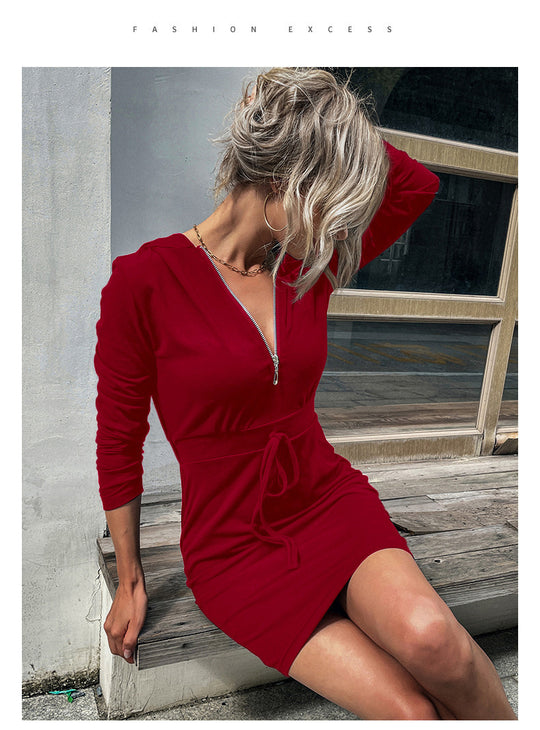 Damen Kapuzenkleid mit Reißverschluss und Taillenzug EB