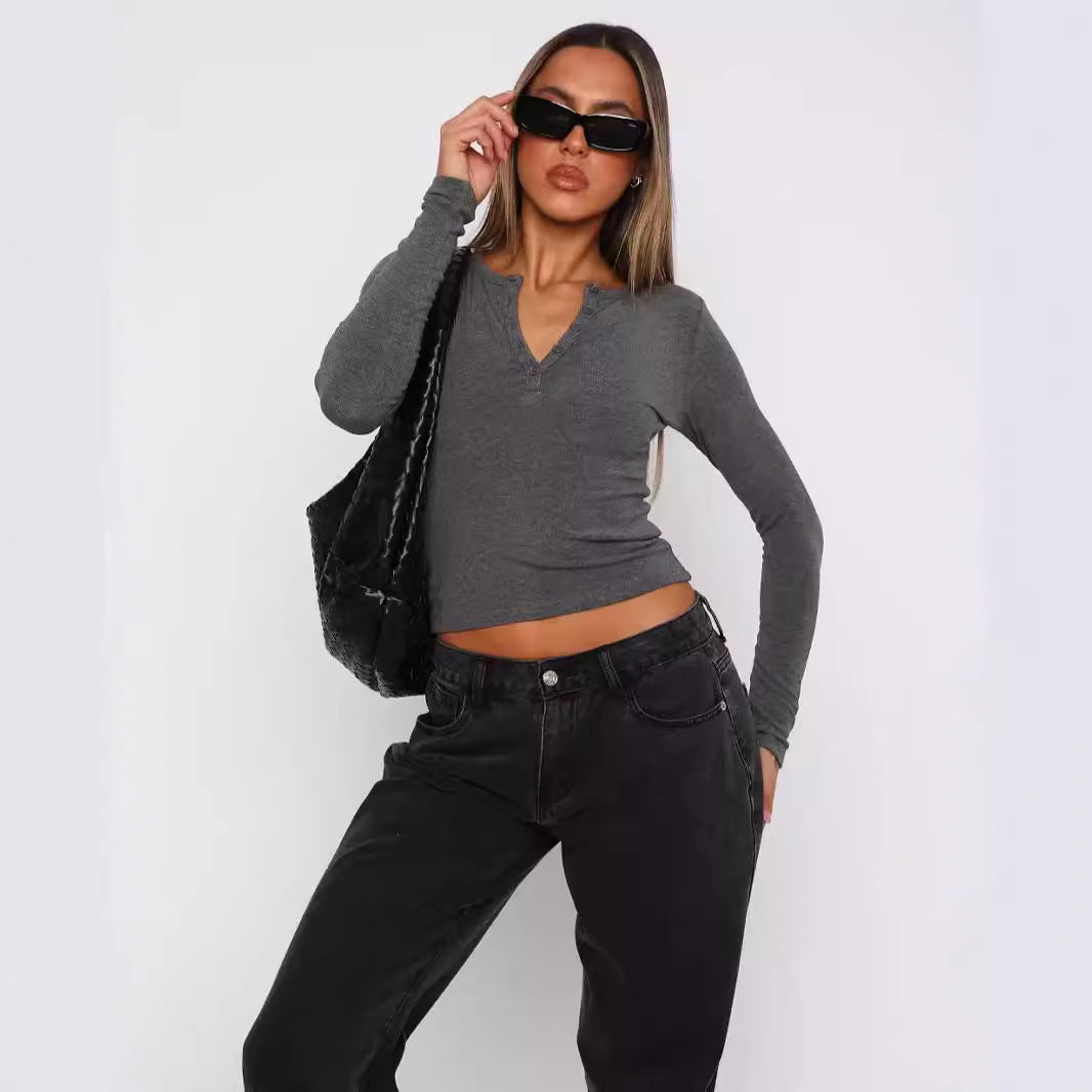 Damen Langarm Crop-Top mit eleganter V-Öffnung und figurbetontem Schnitt EB
