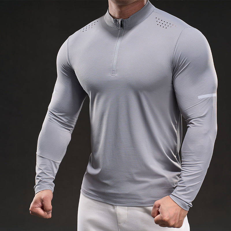 Herren Atmungsaktives Longsleeve Trainingsshirt mit Stehkragen und Kurz-Reißverschluss EB