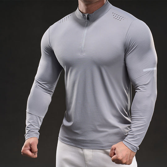 Herren Atmungsaktives Longsleeve Trainingsshirt mit Stehkragen und Kurz-Reißverschluss EB