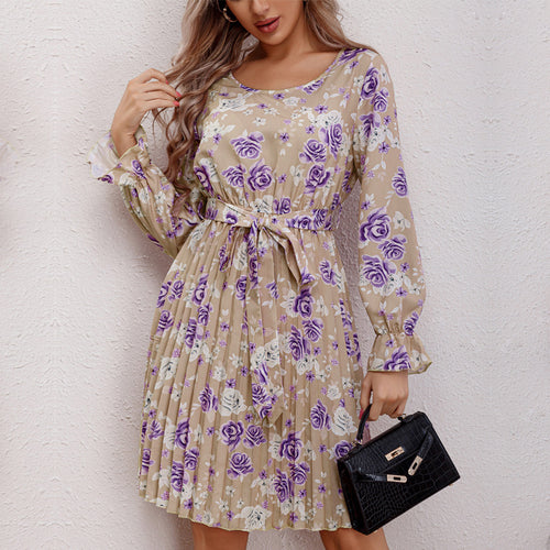 Damen Blusenkleid mit floralen Rüschendetails und Taillengürtel EB