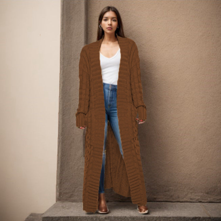 Damen Langer Strickcardigan mit raffiniertem Zopfdesign und praktischen Taschen EB
