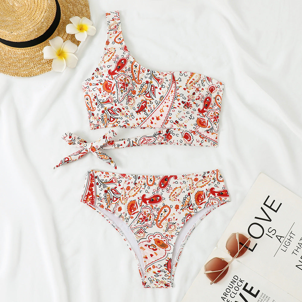 Damen Einseitiger Bikini mit floralem Design und seitlichem Knoten EB