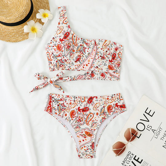 Damen Einseitiger Bikini mit floralem Design und seitlichem Knoten EB