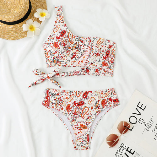 Damen Einseitiger Bikini mit floralem Design und seitlichem Knoten EB