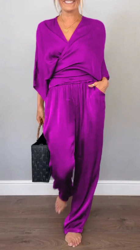 Damen Elegantes Wickeloberteil mit weitem Schnitt und passenden Palazzo-Hosen EB