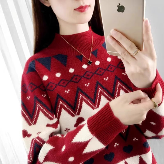 Damen festlicher Strickpullover im modernen Weihnachtsdesign mit geometrischem Muster und komfortablem Rundhalsausschnitt EB