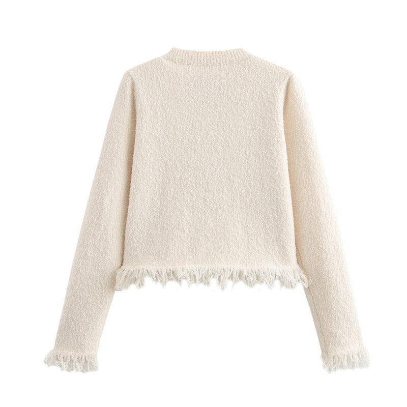 Damen Bouclé-Jacke mit eleganten Schleifen und Fransen EB