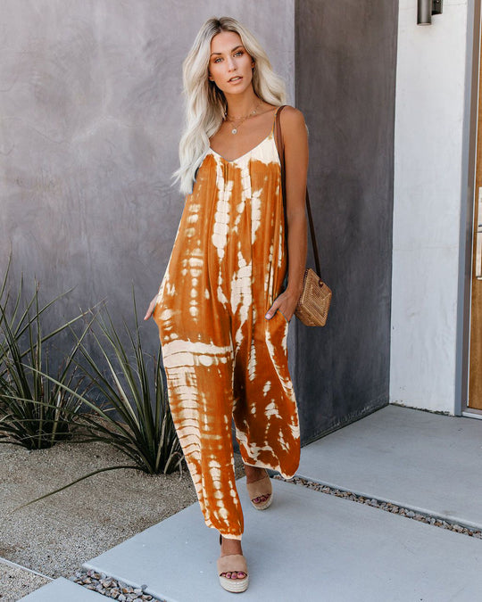 Damen Lässiger Maxijumpsuit aus leichtem Stoff mit Tie-Dye-Muster EB