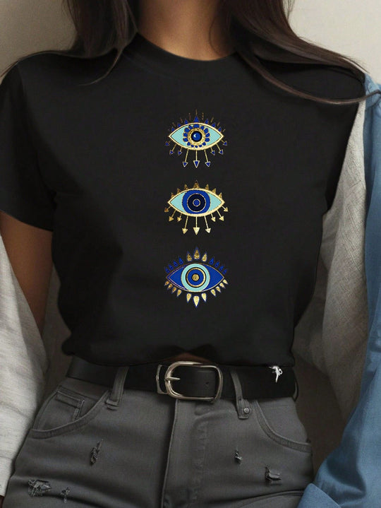 Damen T-Shirt mit kreativem Grafikdruck und luxuriösen Paillettenakzenten EB