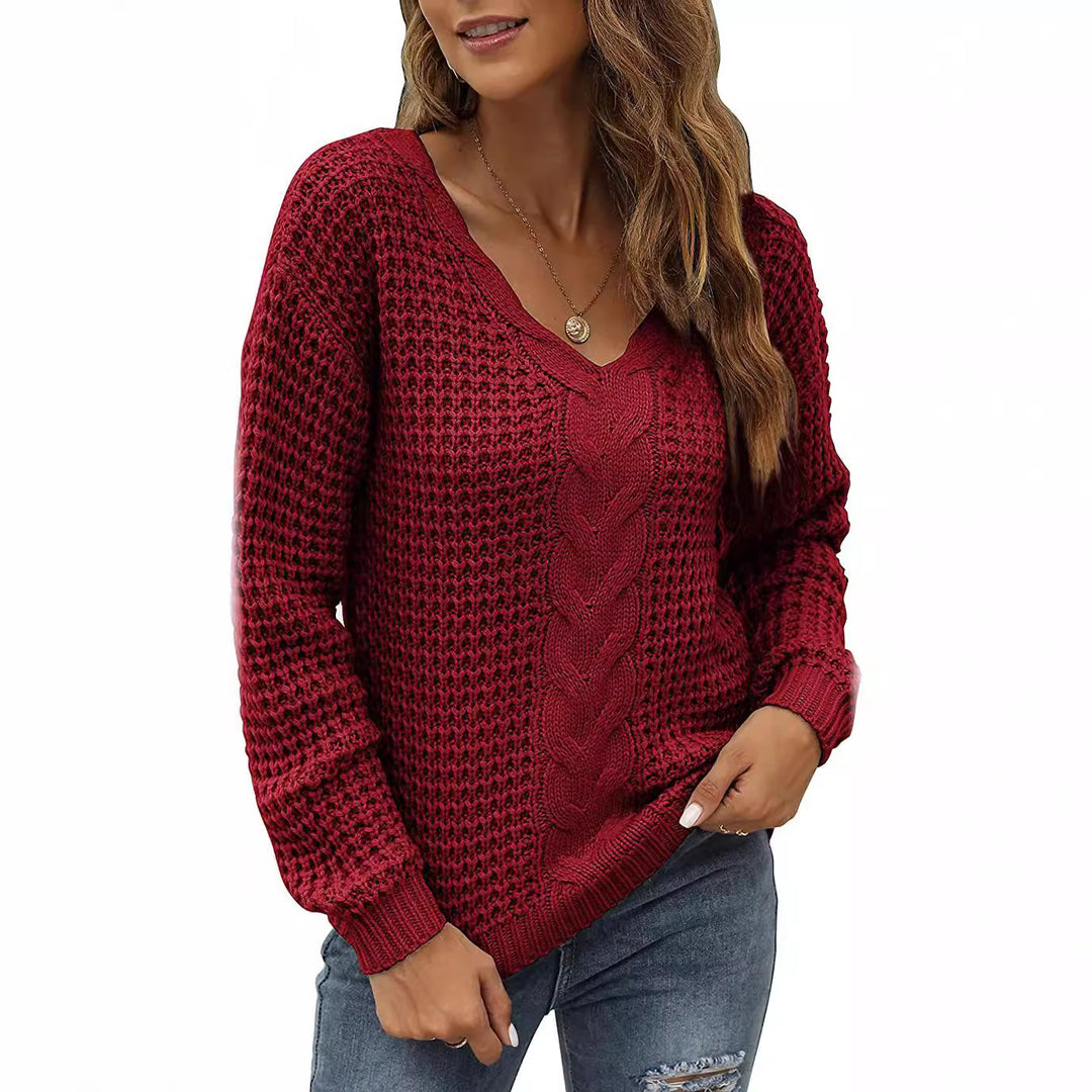 Damen lässiger Strickpullover mit tiefem V-Ausschnitt und detailliertem Zopfmuster EB