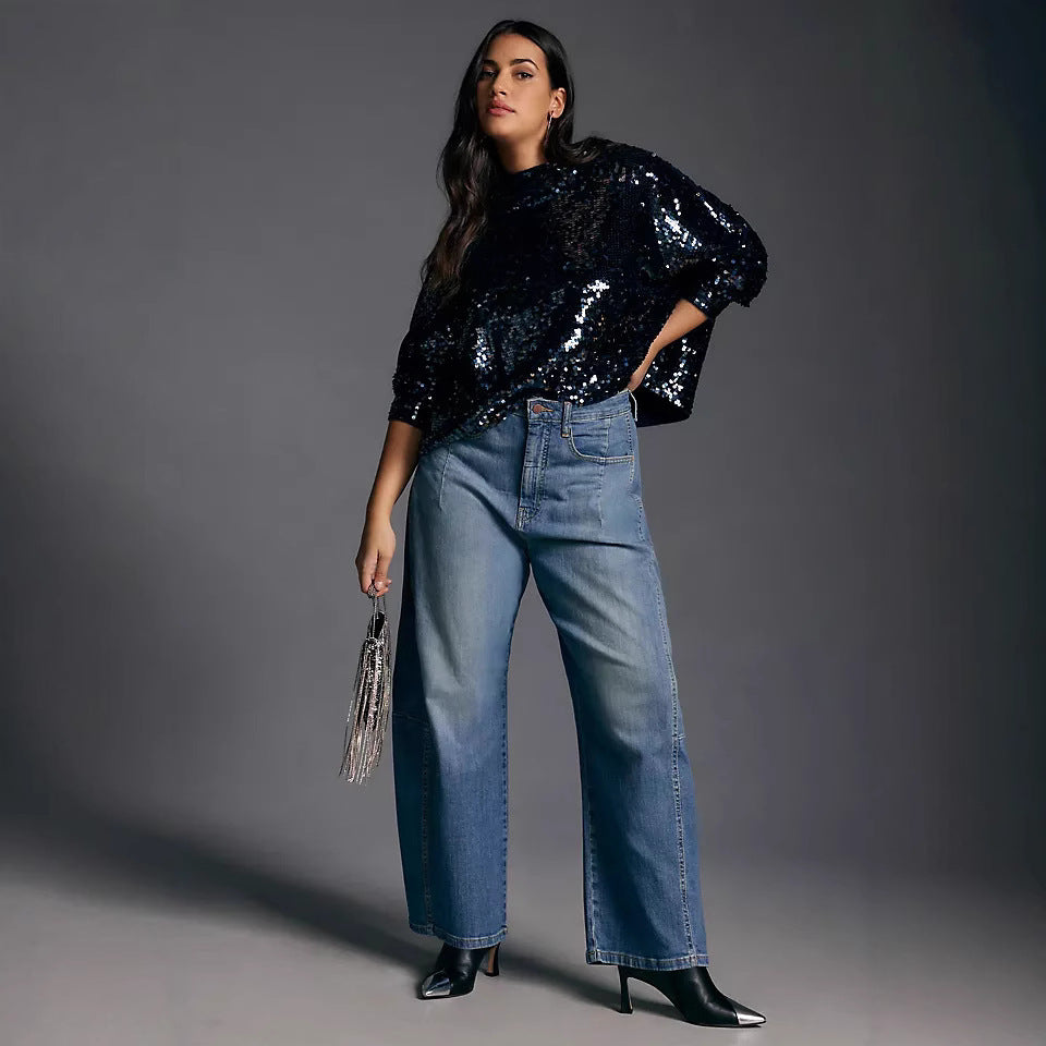 Damen Weit geschnittene Denim-Hose mit elastischem Bund und modischem Schnitt EB