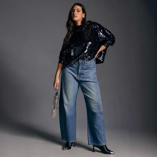 Damen Weit geschnittene Denim-Hose mit elastischem Bund und modischem Schnitt EB