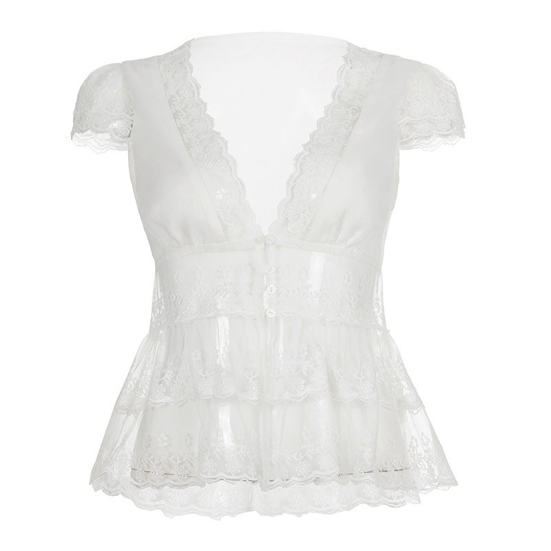 Damen Spitzenbluse mit Rüschendetails und tiefem V-Ausschnitt EB