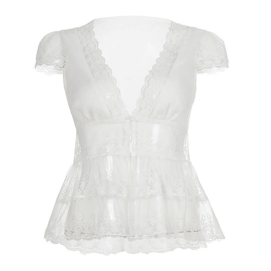 Damen Spitzenbluse mit Rüschendetails und tiefem V-Ausschnitt EB