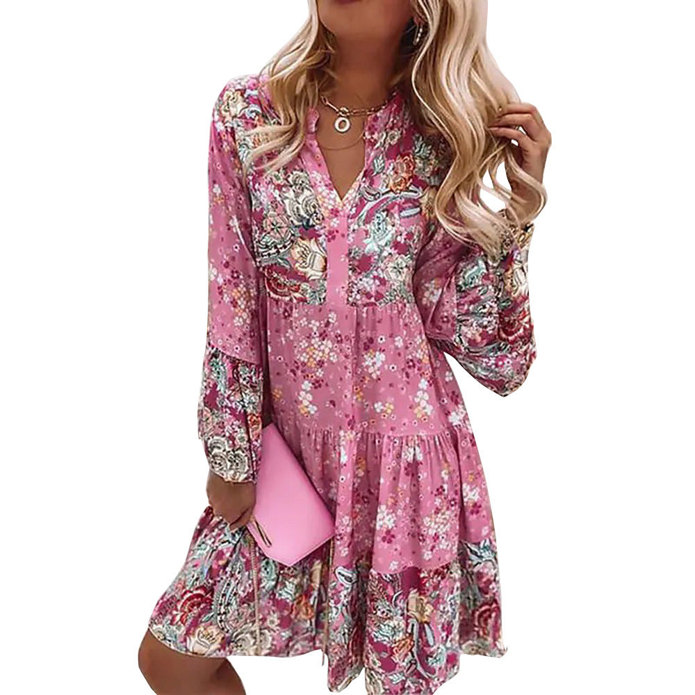 Damen nan florales Boho-Kleid mit V-Ausschnitt und Stufenrock EB