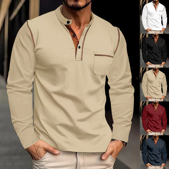 Herren Langarm-Henley-Shirt mit modernem Kragen und praktischer Brusttasche EB
