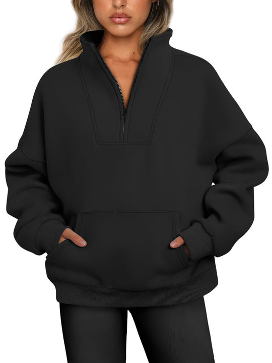 Damen nan oversized Halbzip-Hoodie mit hohem Stehkragen, Kängurutasche und gerippten Bündchen EB